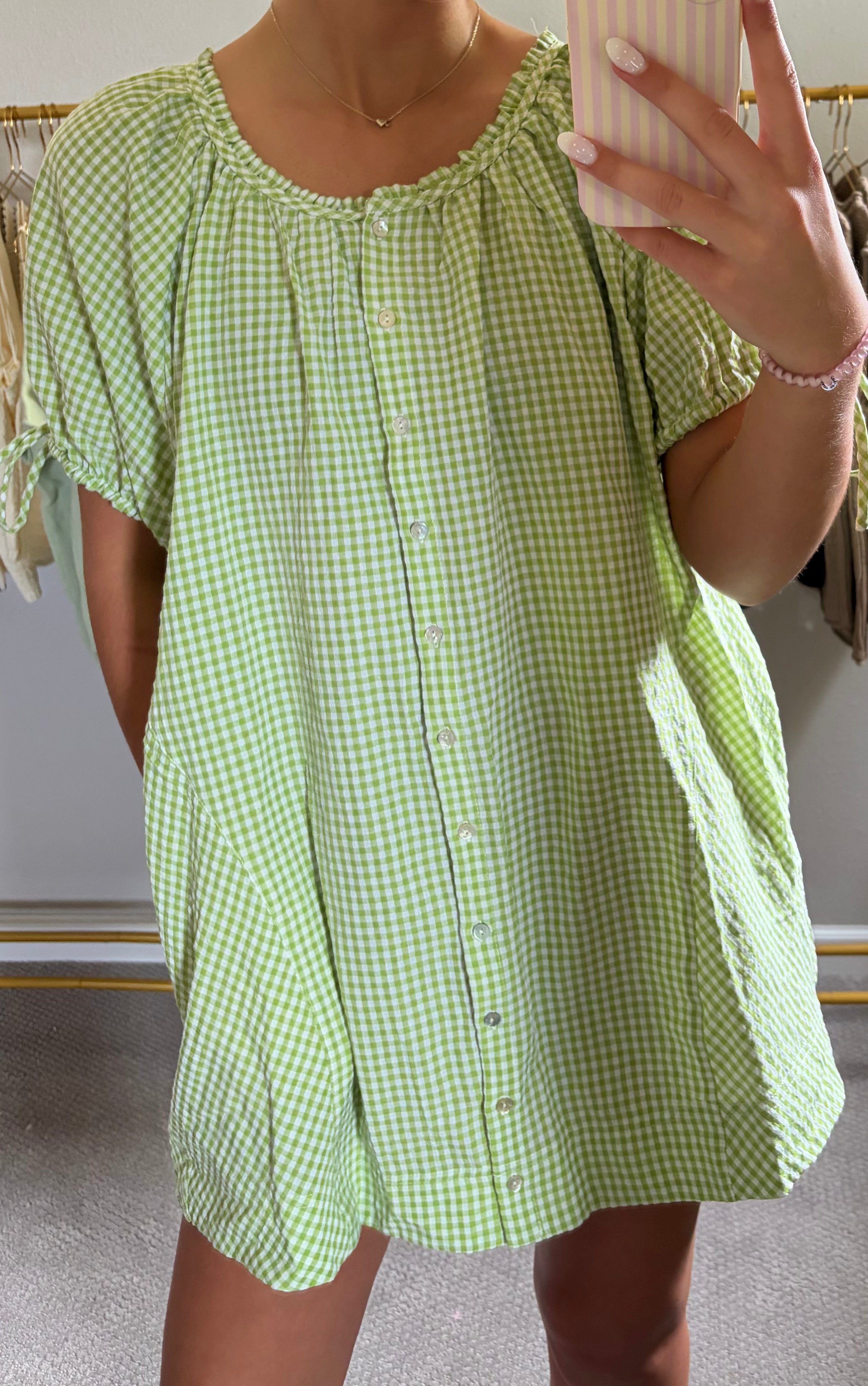 Sage Gingham Mini Dress