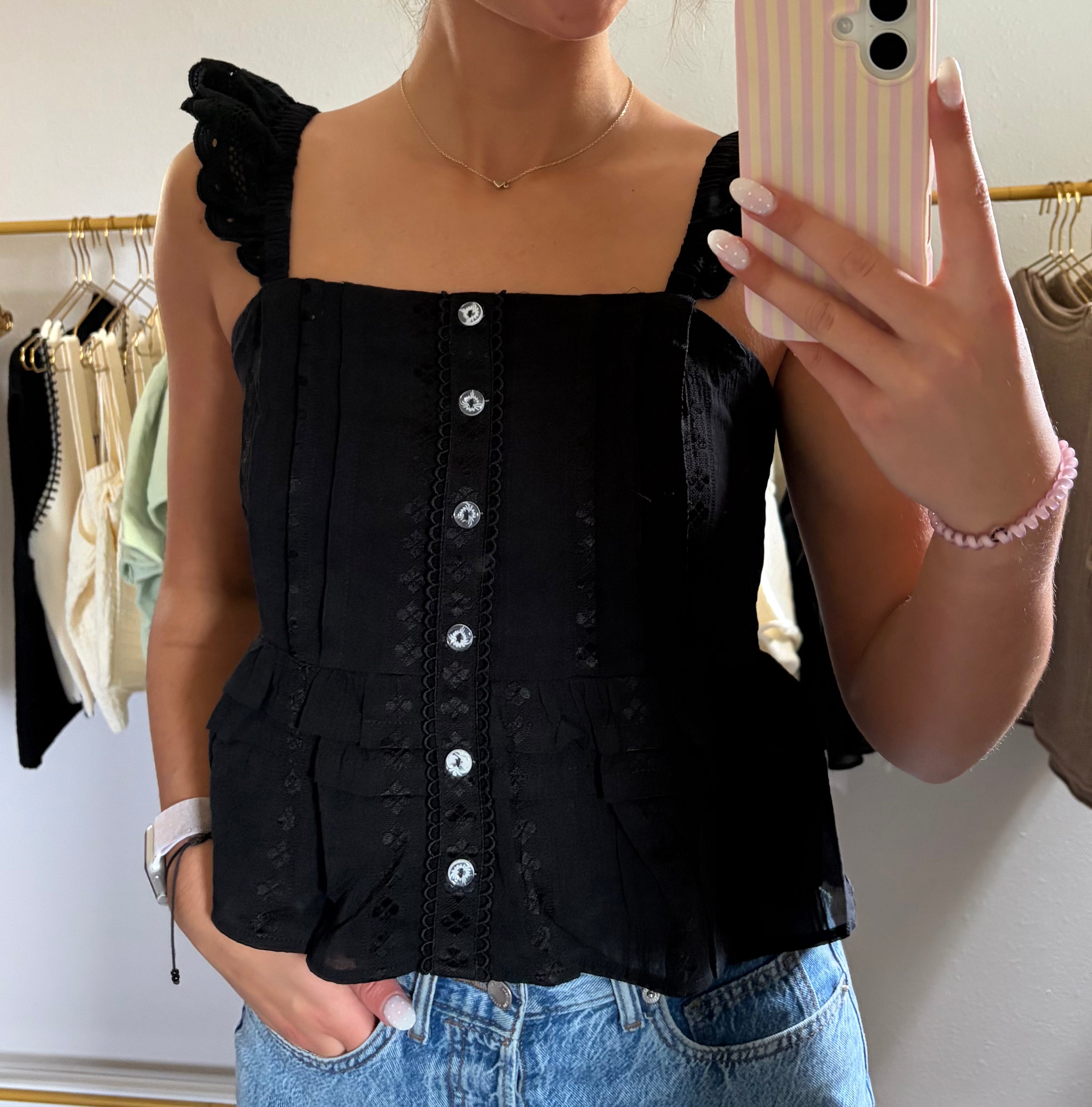 Black Cottage Ruffle Strap Top