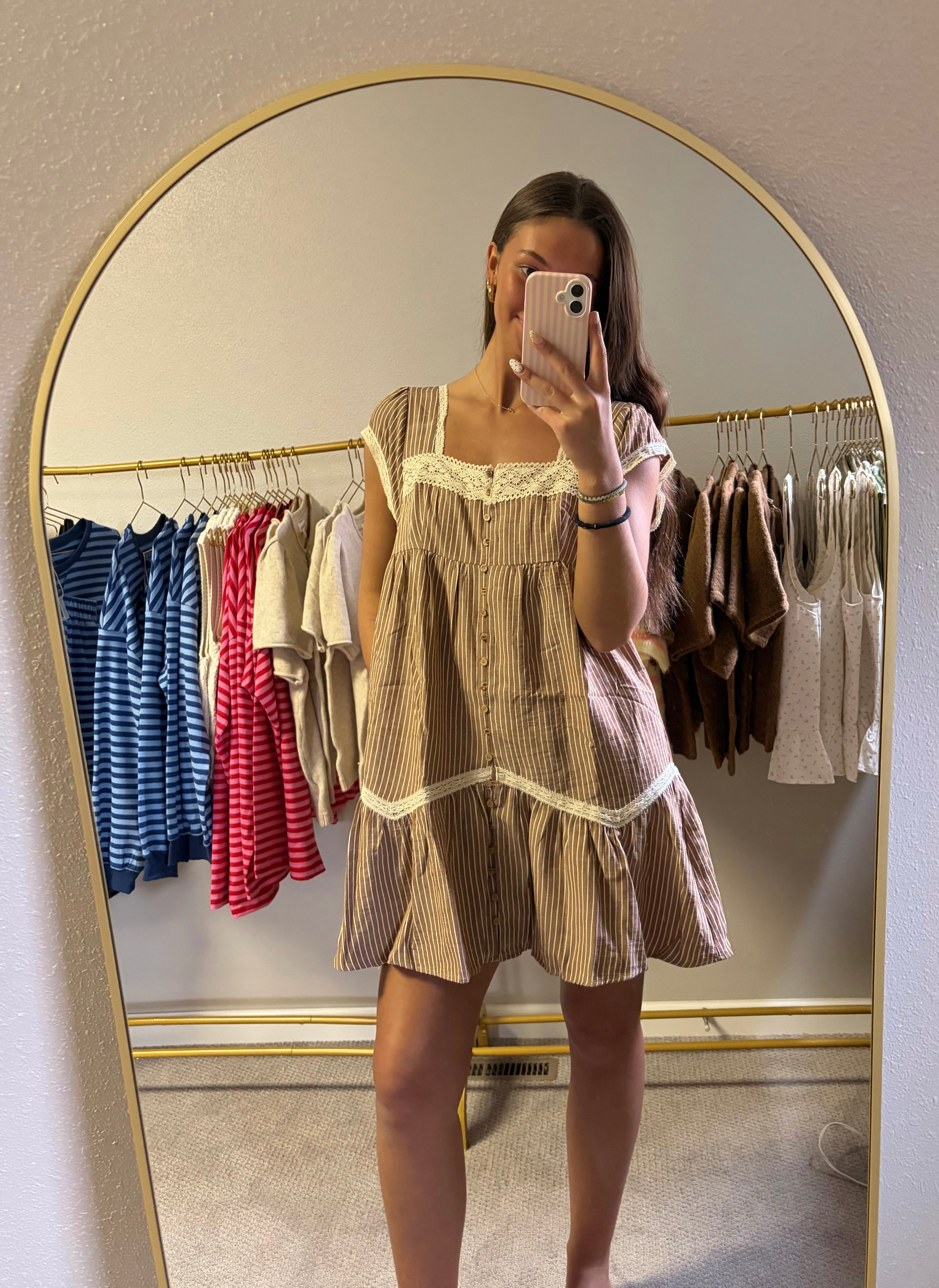 Prairie Stripe Lace Mini Dress